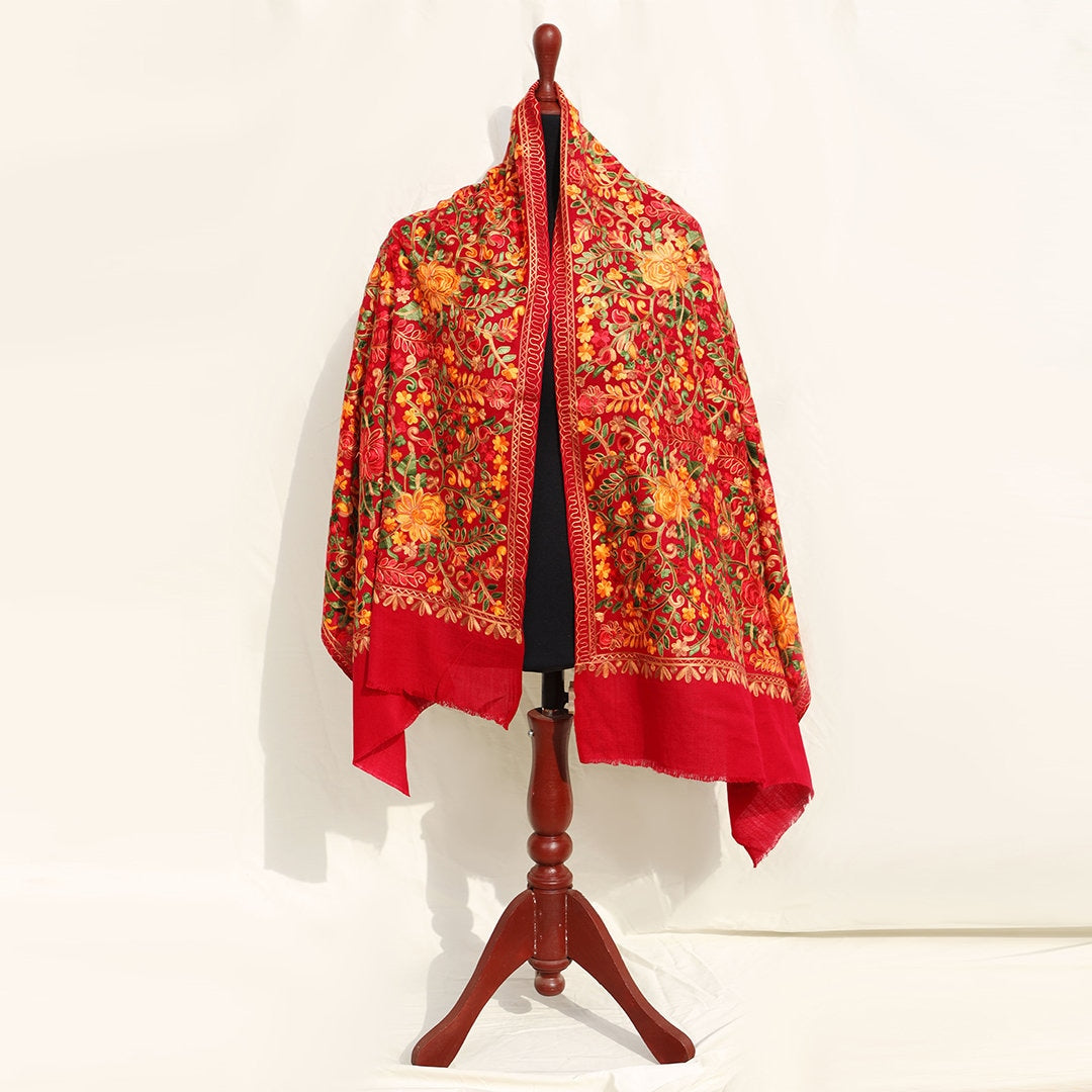 Red Maroon kashmiri pashmina pure wool shawl with bold floral embroidery for women indian wool scarf with ethnic patterns