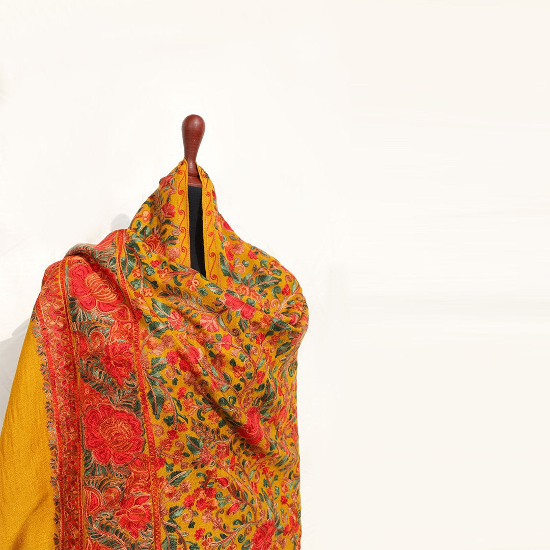 Mustard kashmiri shawl floral embroidery with border work yellow pashmina wool shawl big flower border embroidery for women