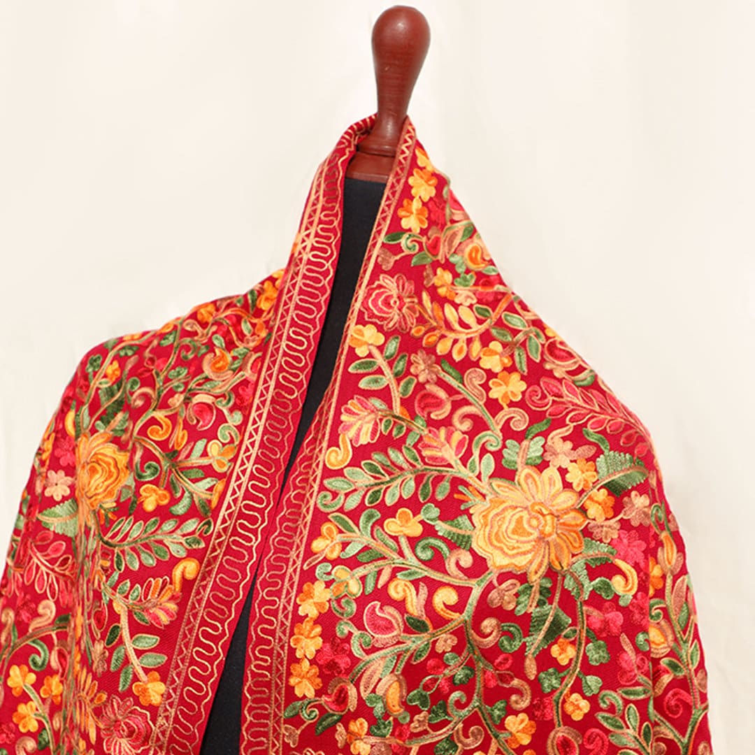 Red Maroon kashmiri pashmina pure wool shawl with bold floral embroidery for women indian wool scarf with ethnic patterns