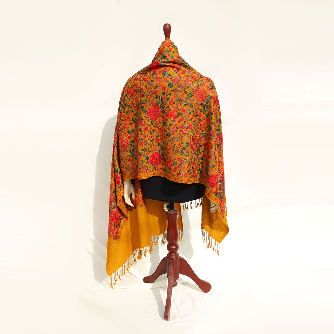 Mustard kashmiri shawl floral embroidery with border work yellow pashmina wool shawl big flower border embroidery for women