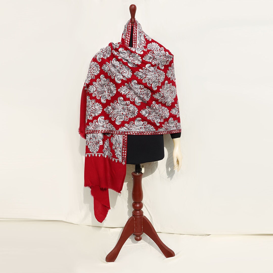 Royal maroon red Indian shawl with silver paisley patterns all over in pure 100% wool ideal for gift for her indian wedding wear