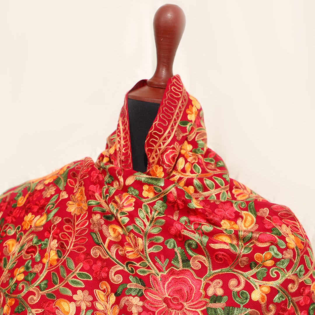 Red Maroon kashmiri pashmina pure wool shawl with bold floral embroidery for women indian wool scarf with ethnic patterns