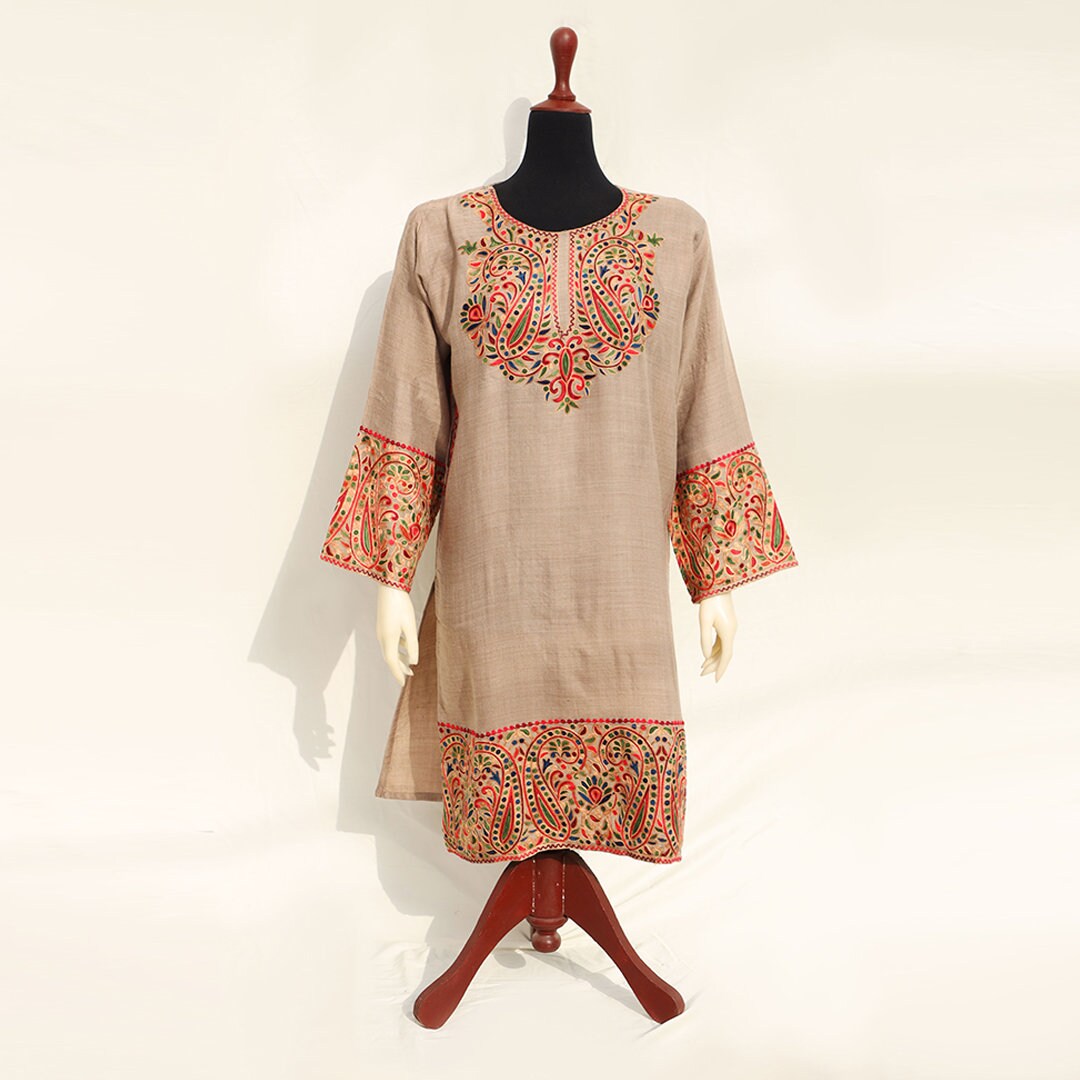 Cream Beige ethnic kashmiri pheran top with intricate multicolored embroidery on neck, cuff and hem pure wool pashmina women long shirt