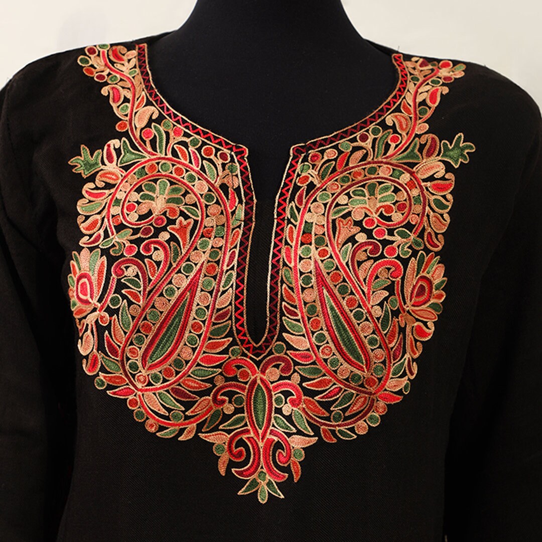 Black long top indian style kurti pheran with pockets embellished fine multi-colored embroidery across the top for pakistani indian wedding