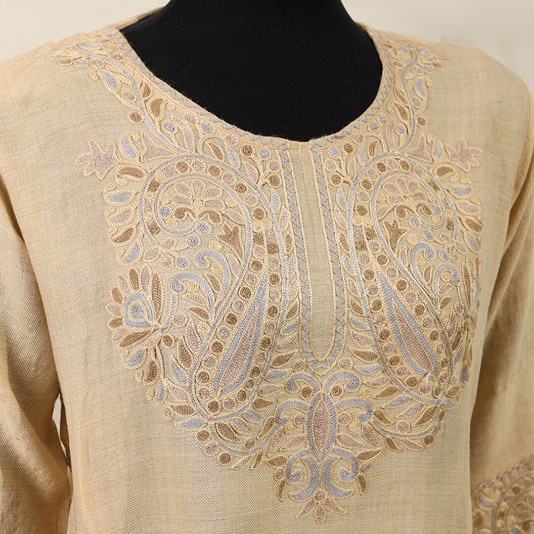 Light skin long top with pockets with side slits for party wear loose fit beige kurta style ethnic kashmiri embroidery on pashmina wool