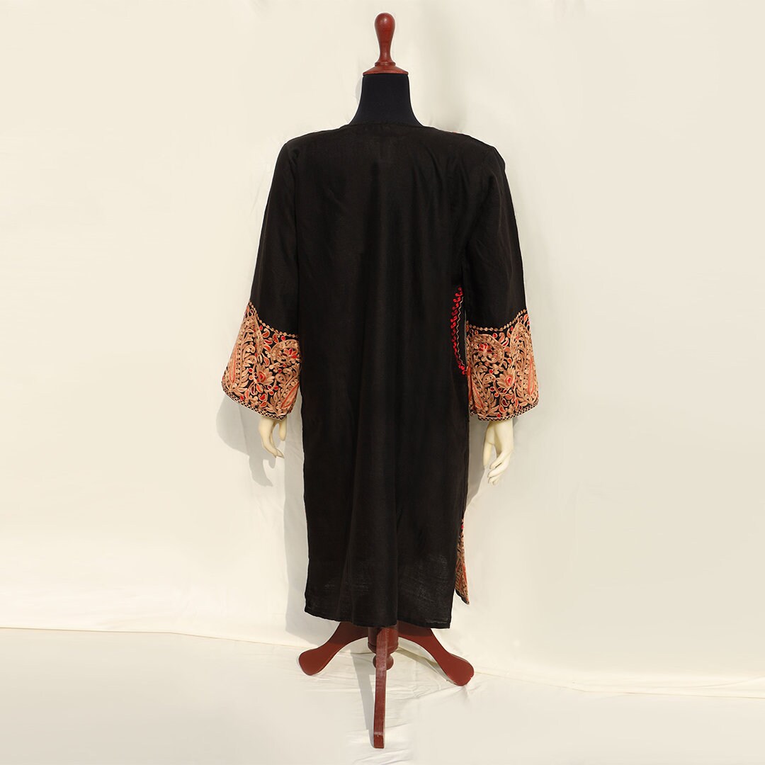 Black Pure wool long women kurti top with kashmiri embroidery ethnic foral pheran shirt with side slits for party wear and nikkah shirt