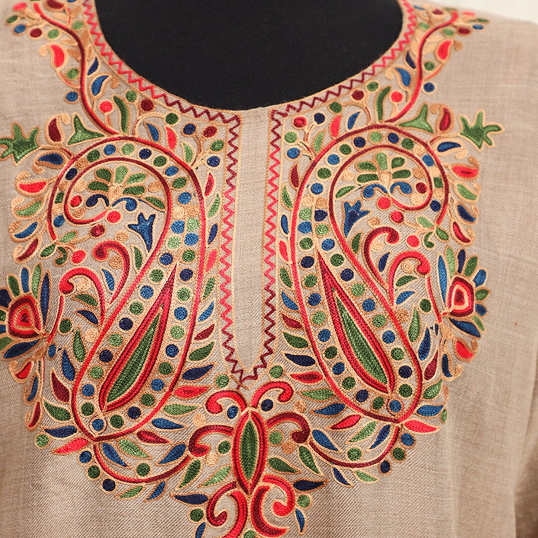 Cream Beige ethnic kashmiri pheran top with intricate multicolored embroidery on neck, cuff and hem pure wool pashmina women long shirt