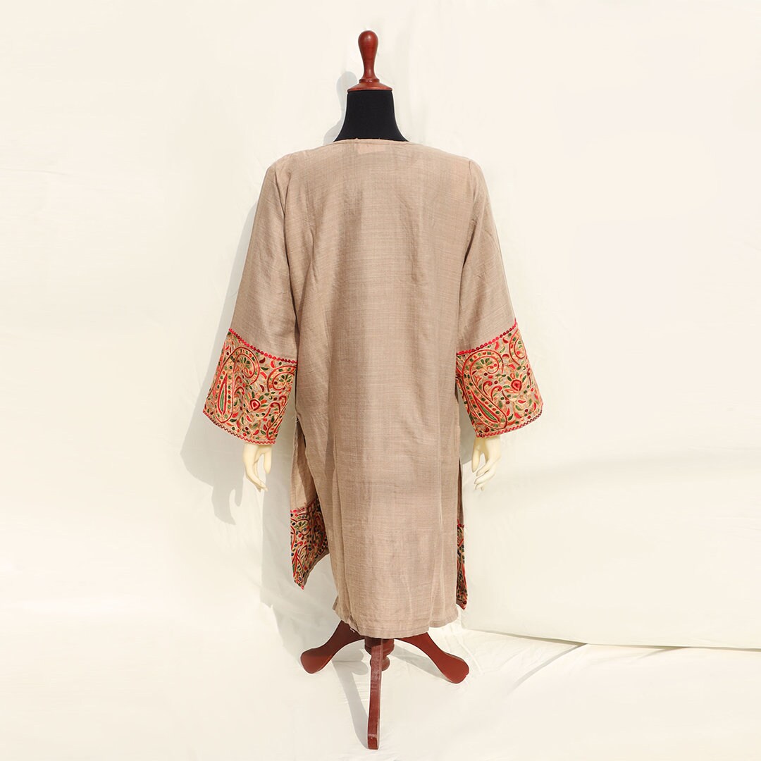 Cream Beige ethnic kashmiri pheran top with intricate multicolored embroidery on neck, cuff and hem pure wool pashmina women long shirt