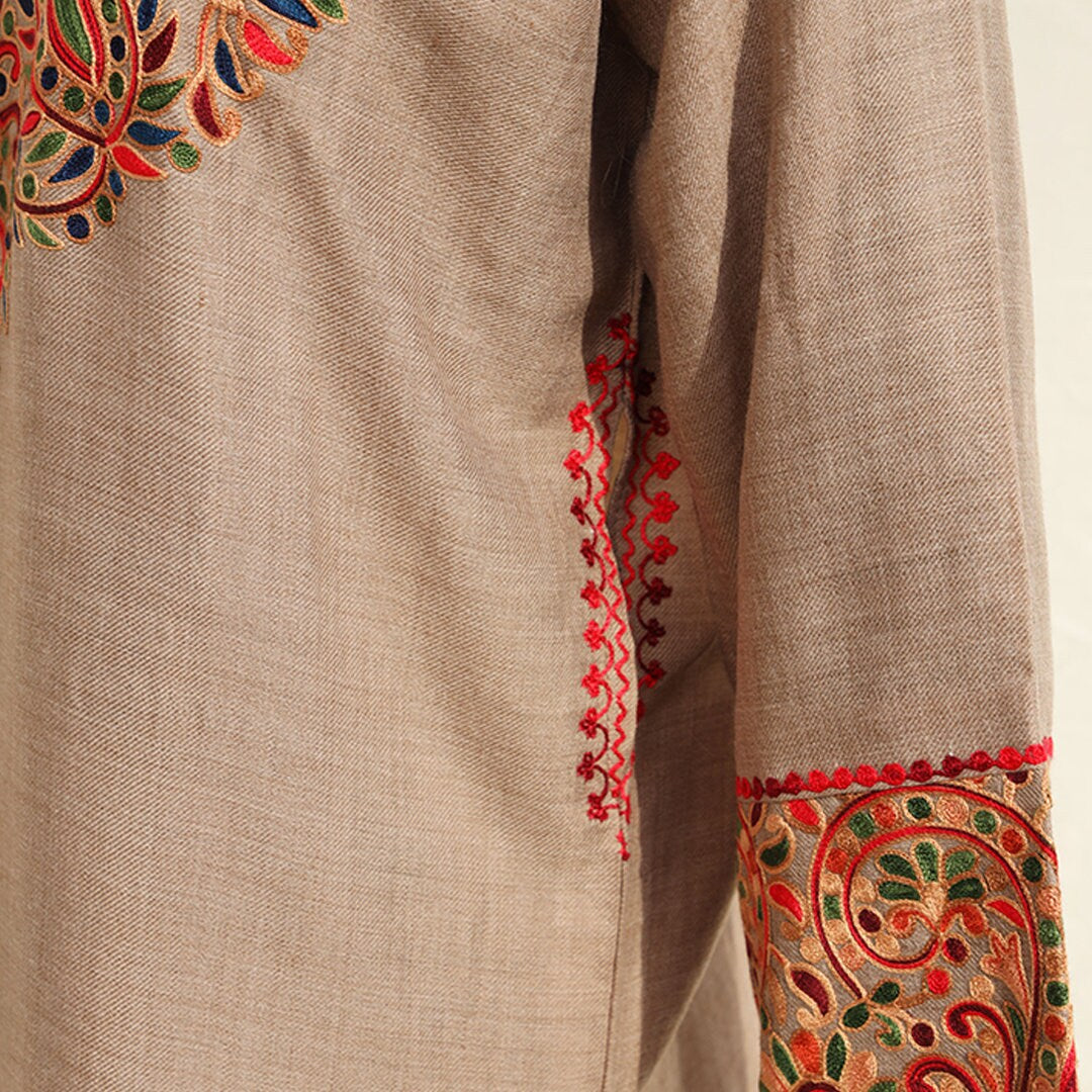 Cream Beige ethnic kashmiri pheran top with intricate multicolored embroidery on neck, cuff and hem pure wool pashmina women long shirt