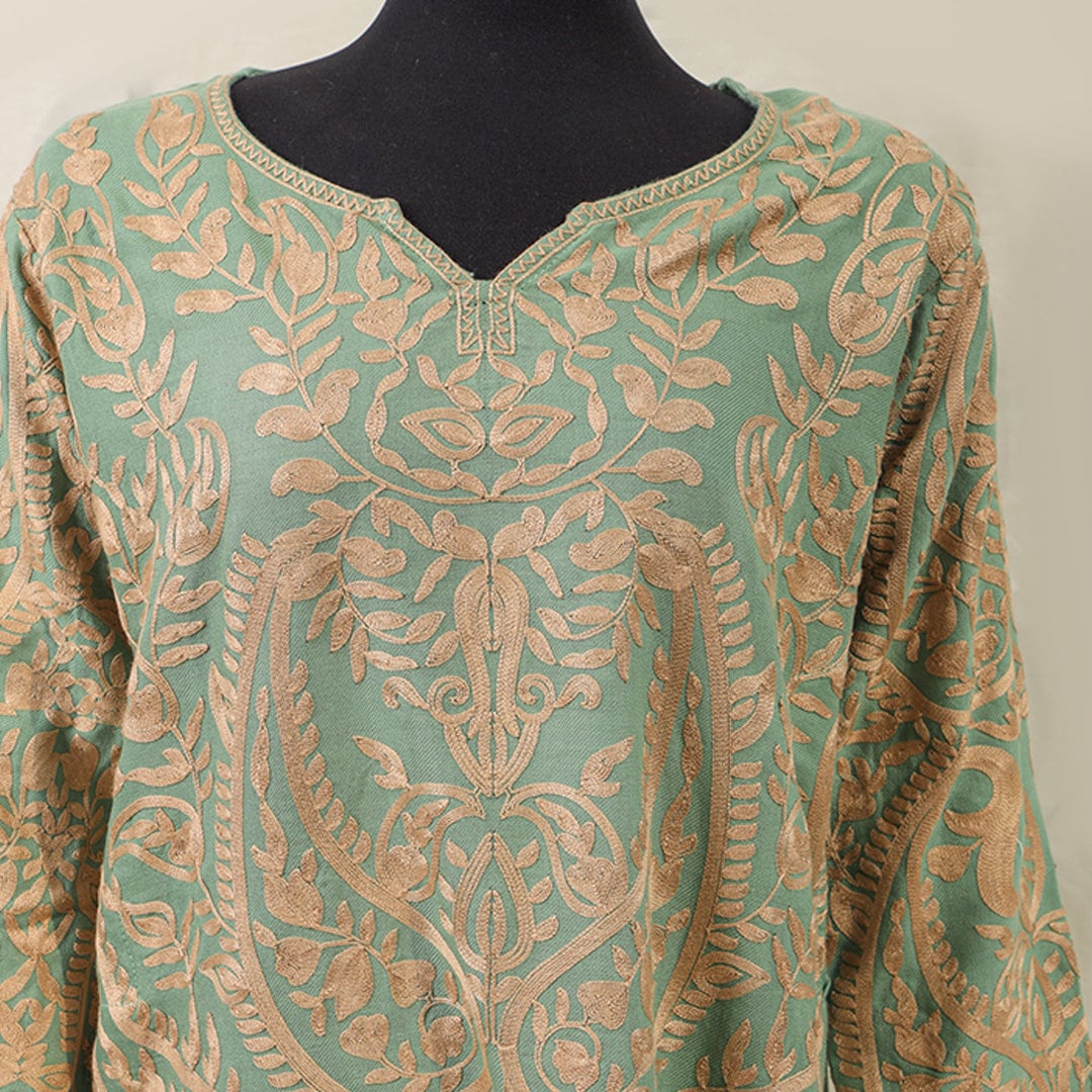 Sea green women long length top with light gold paisley embroidery with side pockets for all season wool long length kurta for women