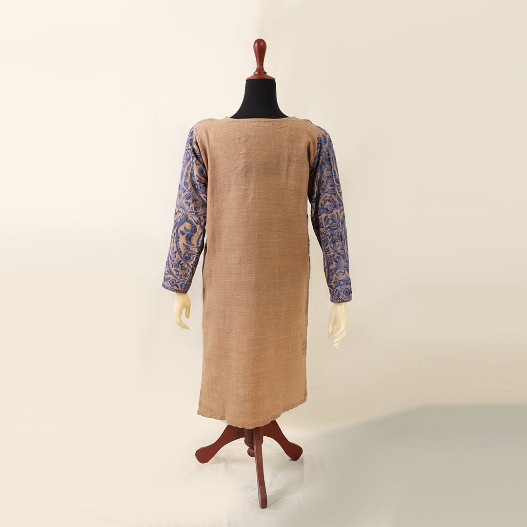 Beige base kashmiri pheran pure wool long top with light blue embroidered patterns for her boho pashmina wool top with slits and pockets