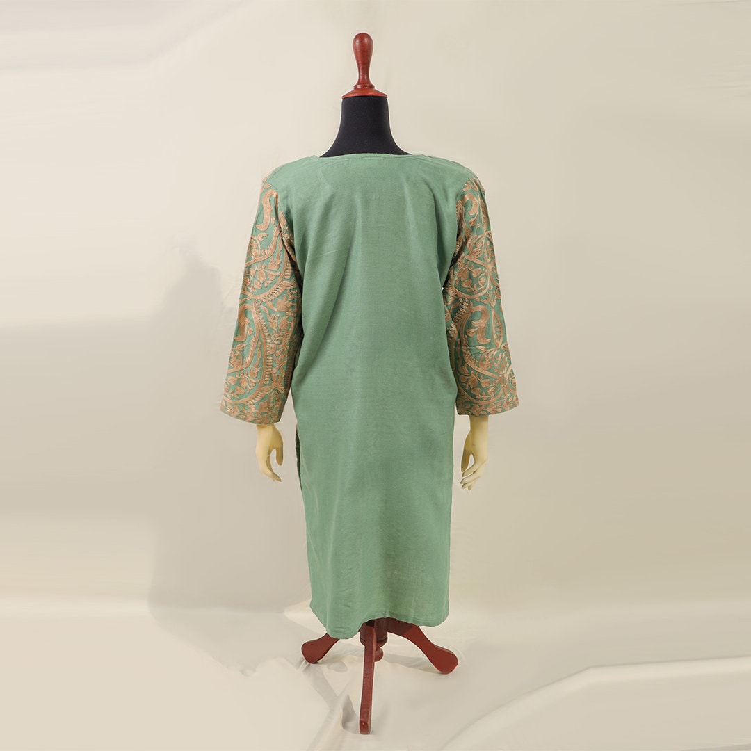 Sea green women long length top with light gold paisley embroidery with side pockets for all season wool long length kurta for women