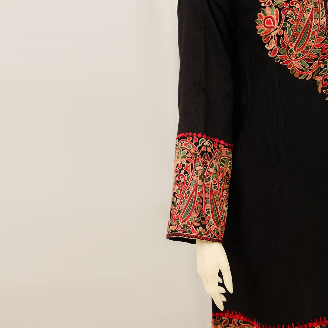 Black long top indian style kurti pheran with pockets embellished fine multi-colored embroidery across the top for pakistani indian wedding