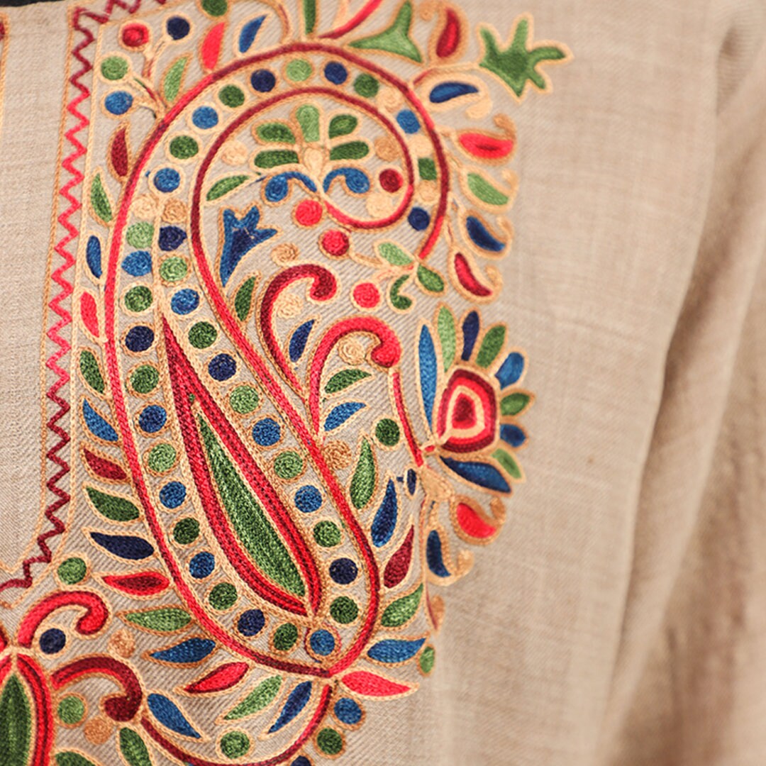 Cream Beige ethnic kashmiri pheran top with intricate multicolored embroidery on neck, cuff and hem pure wool pashmina women long shirt