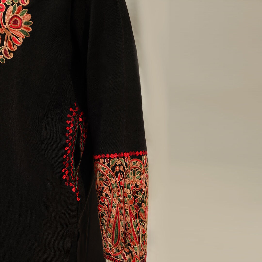 Black long top indian style kurti pheran with pockets embellished fine multi-colored embroidery across the top for pakistani indian wedding