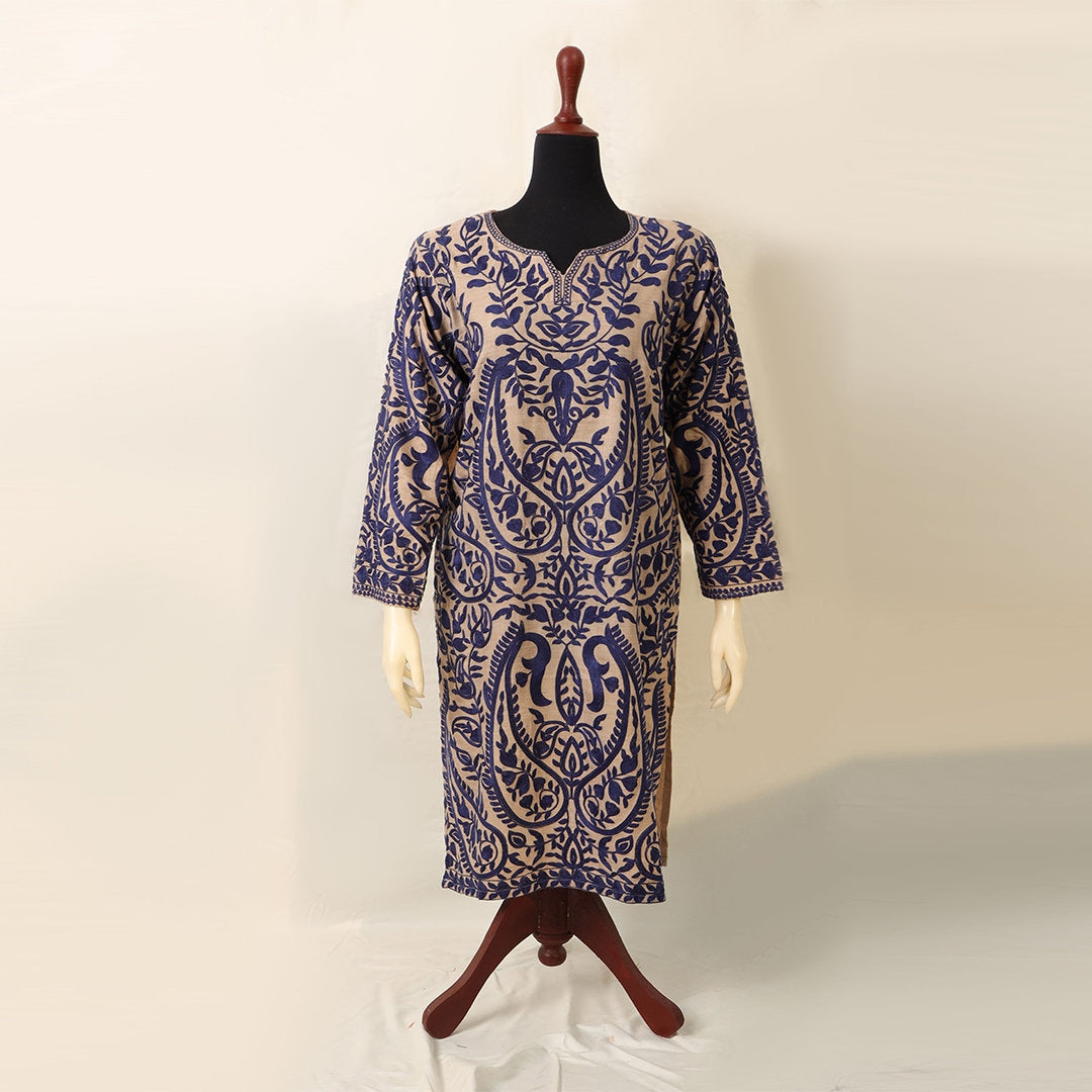 Dark skin long length loose fit women pheran kurta with deep blue ethnic paisley embroidery beige pheran shirt with pockets all season wear