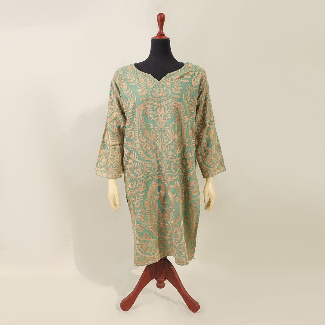 Sea green women long length top with light gold paisley embroidery with side pockets for all season wool long length kurta for women