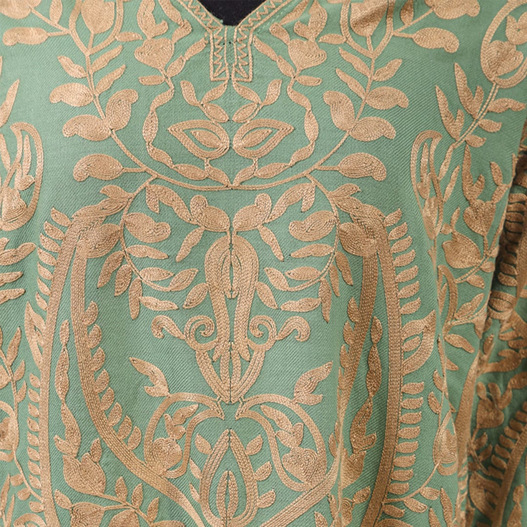 Sea green women long length top with light gold paisley embroidery with side pockets for all season wool long length kurta for women