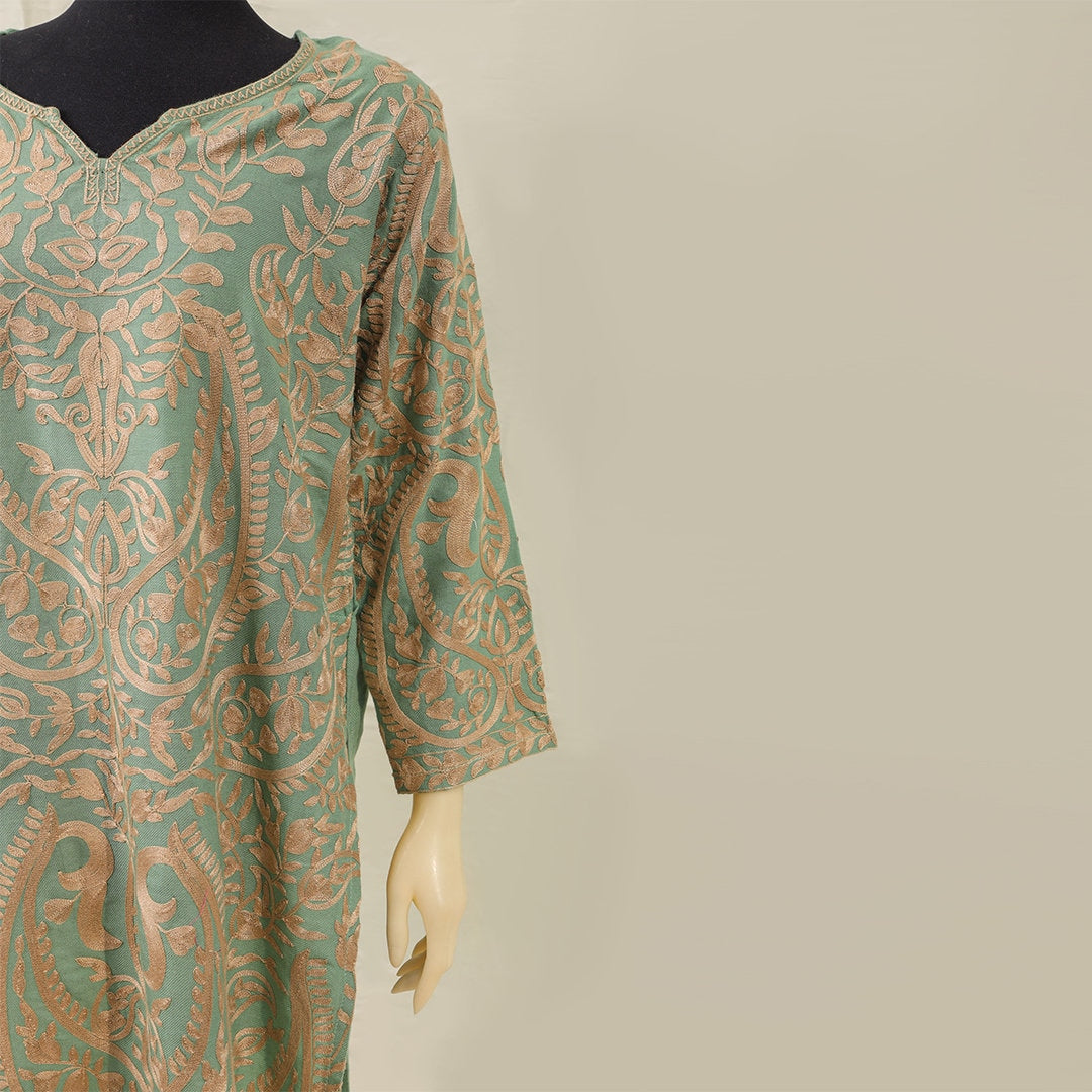 Sea green women long length top with light gold paisley embroidery with side pockets for all season wool long length kurta for women