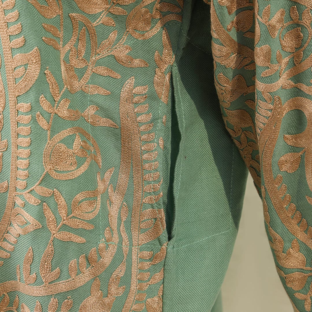 Sea green women long length top with light gold paisley embroidery with side pockets for all season wool long length kurta for women